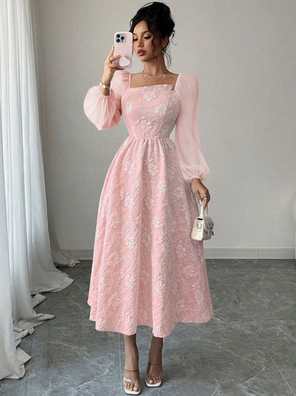 Floral Print Puff Sleeve Fit & Flare Midi Dress