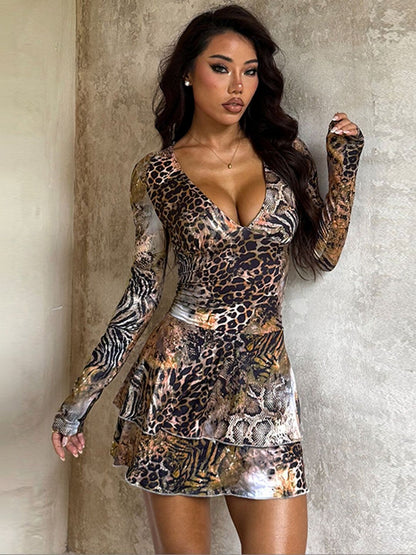 Animal Print Layered Fit & Flare Mini Dress in Brown polyester Printed - Nowi Korean Fashion