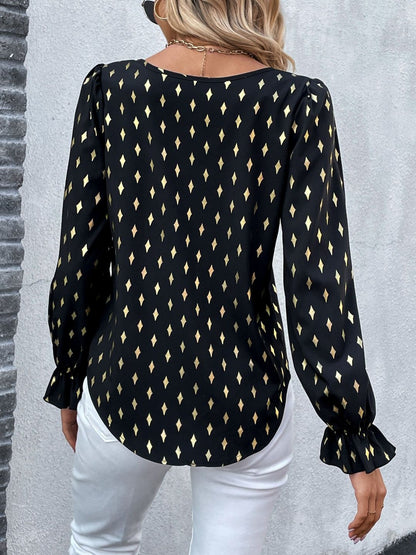 Women's Black Geometric Print Puff Sleeve Ruffles Top