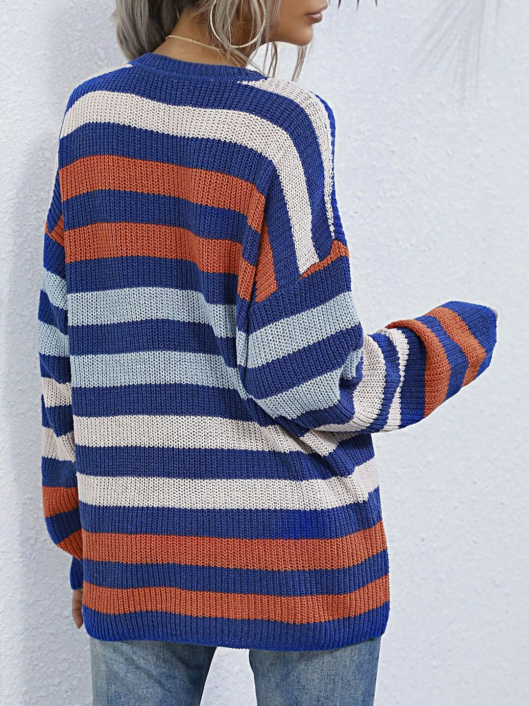 Women's Blue Striped Pullover Blend Regular Fit