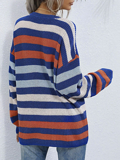 Women's Blue Striped Pullover Blend Regular Fit