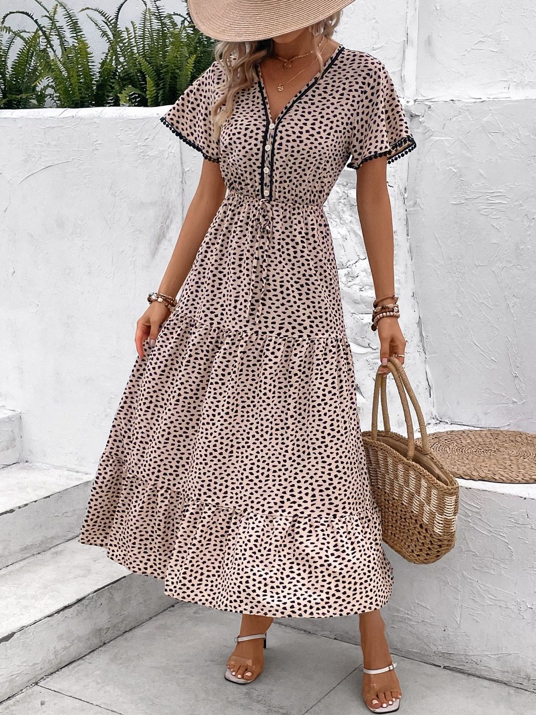 Polka Dot Print Ruffled Fit & Flare Midi Dress