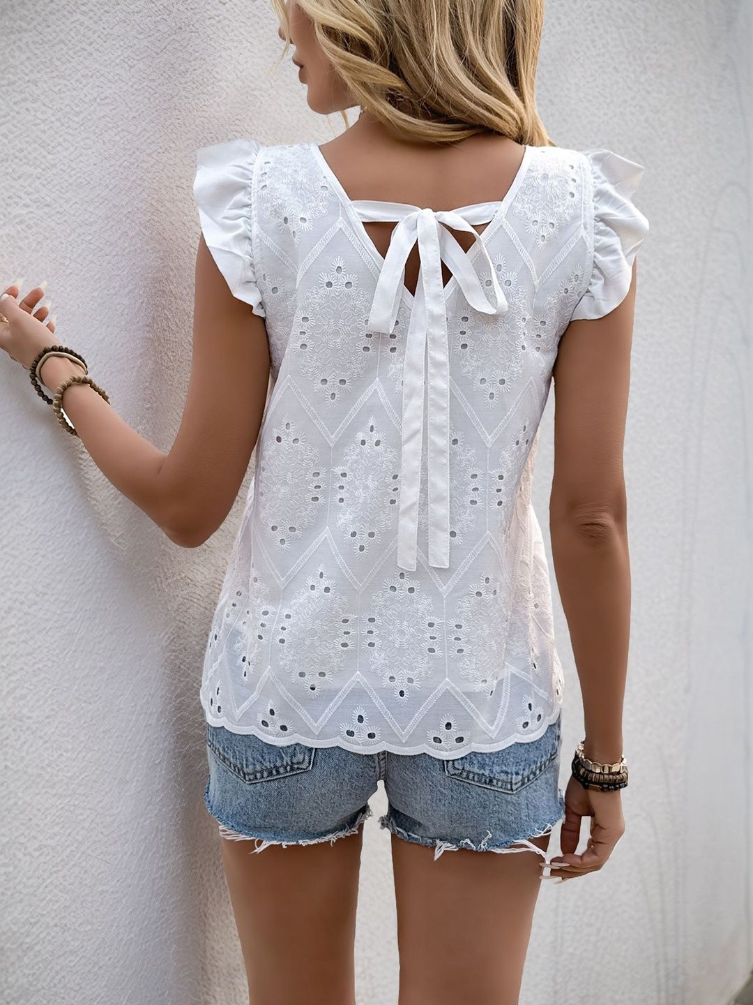 White Embroidered V-Neck Flutter Sleeve Top