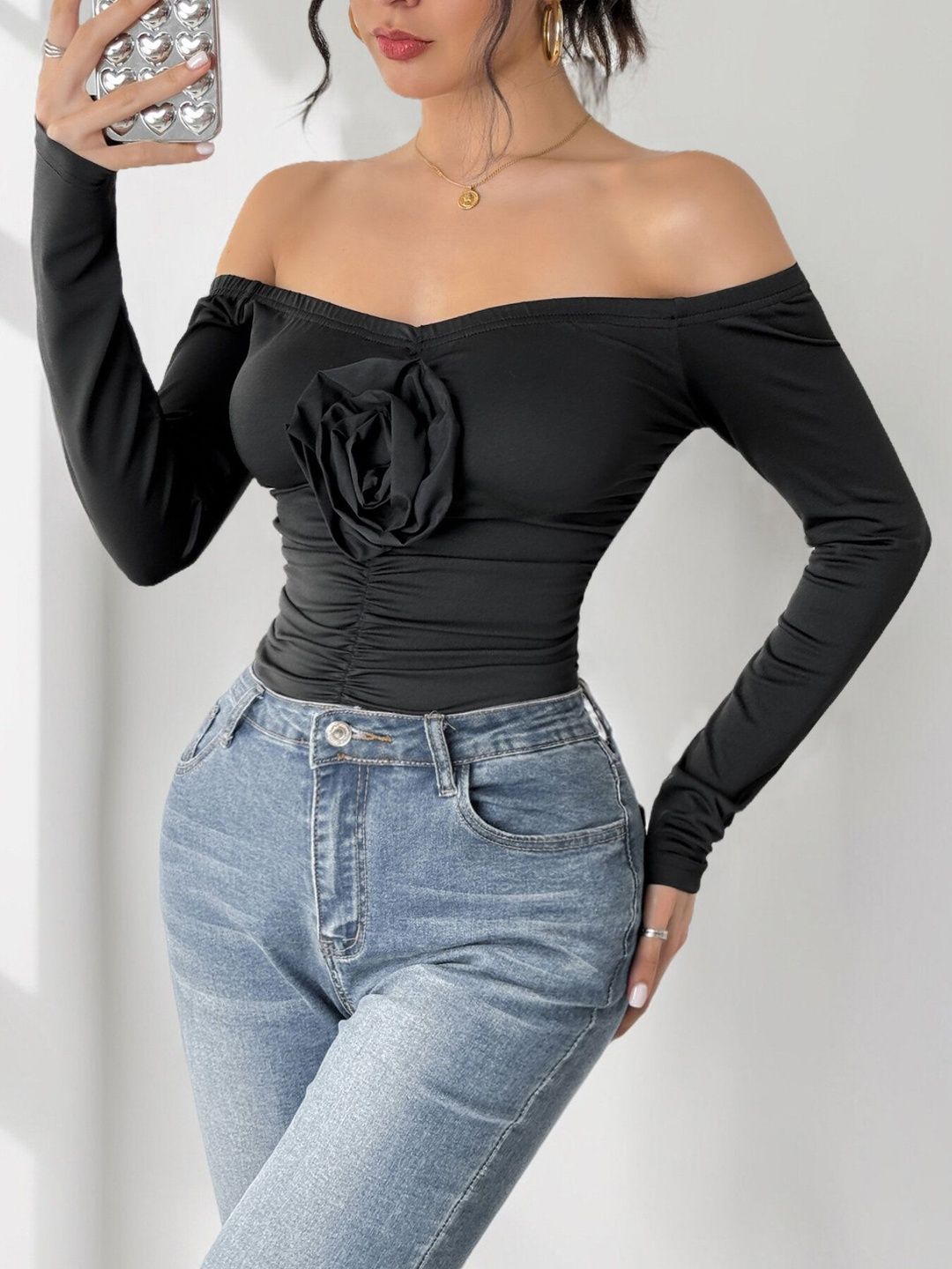 Off Shoulder Bodysuit Long Sleeve - Nowi Korean Fashion