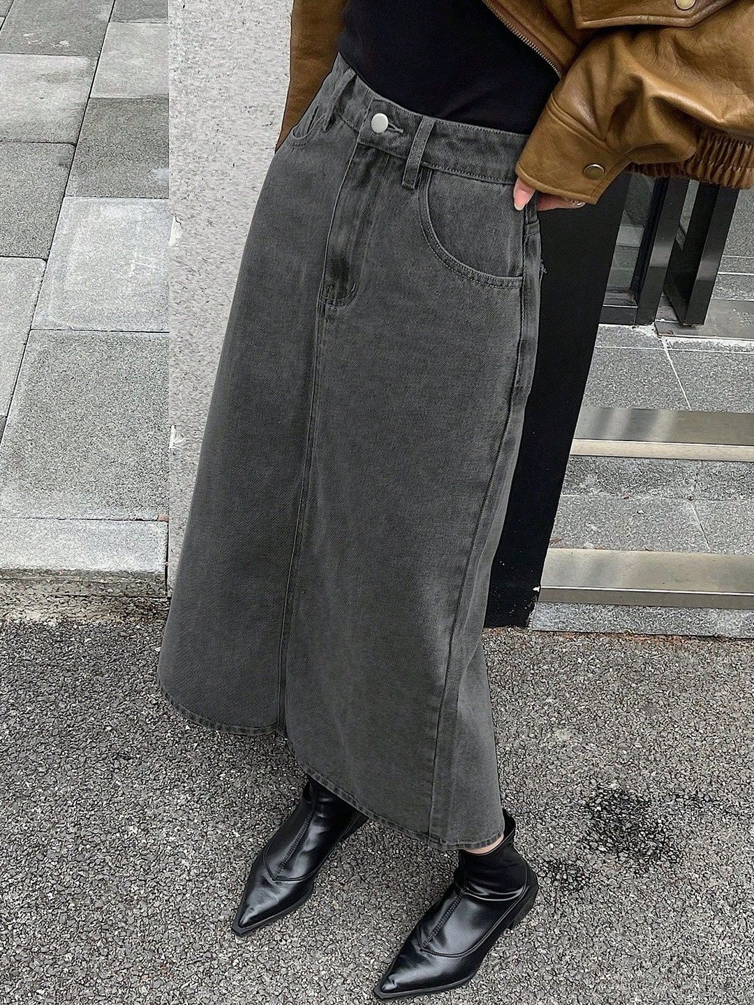 NOWI Women High Rise Back Slit Denim Straight Midi Skirt