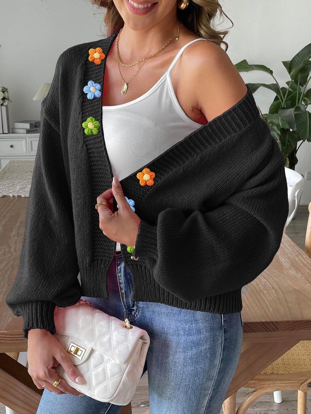Cardigan with Applique Detail in Black acrylic Style 631 - Nowi Korean Fashion