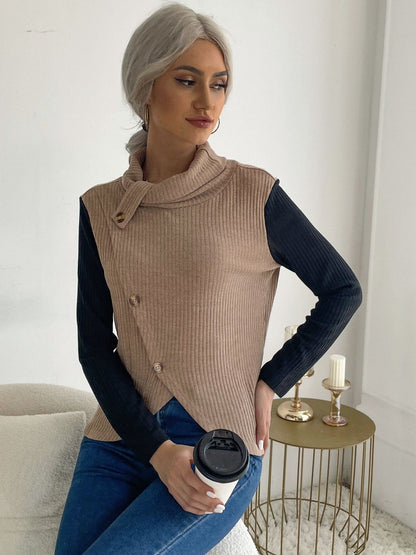 Ribbed Cowl Neck Sweater in Brown - Nowi Korean Fashion