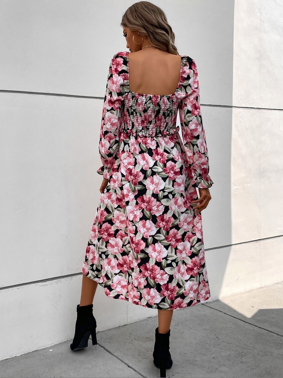Women's Black Floral Print Fit & Flare Midi Dress Blend