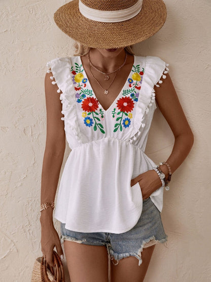 Floral Embroidered Flutter Sleeve Ruffles Ethnic Cotton Peplum Top