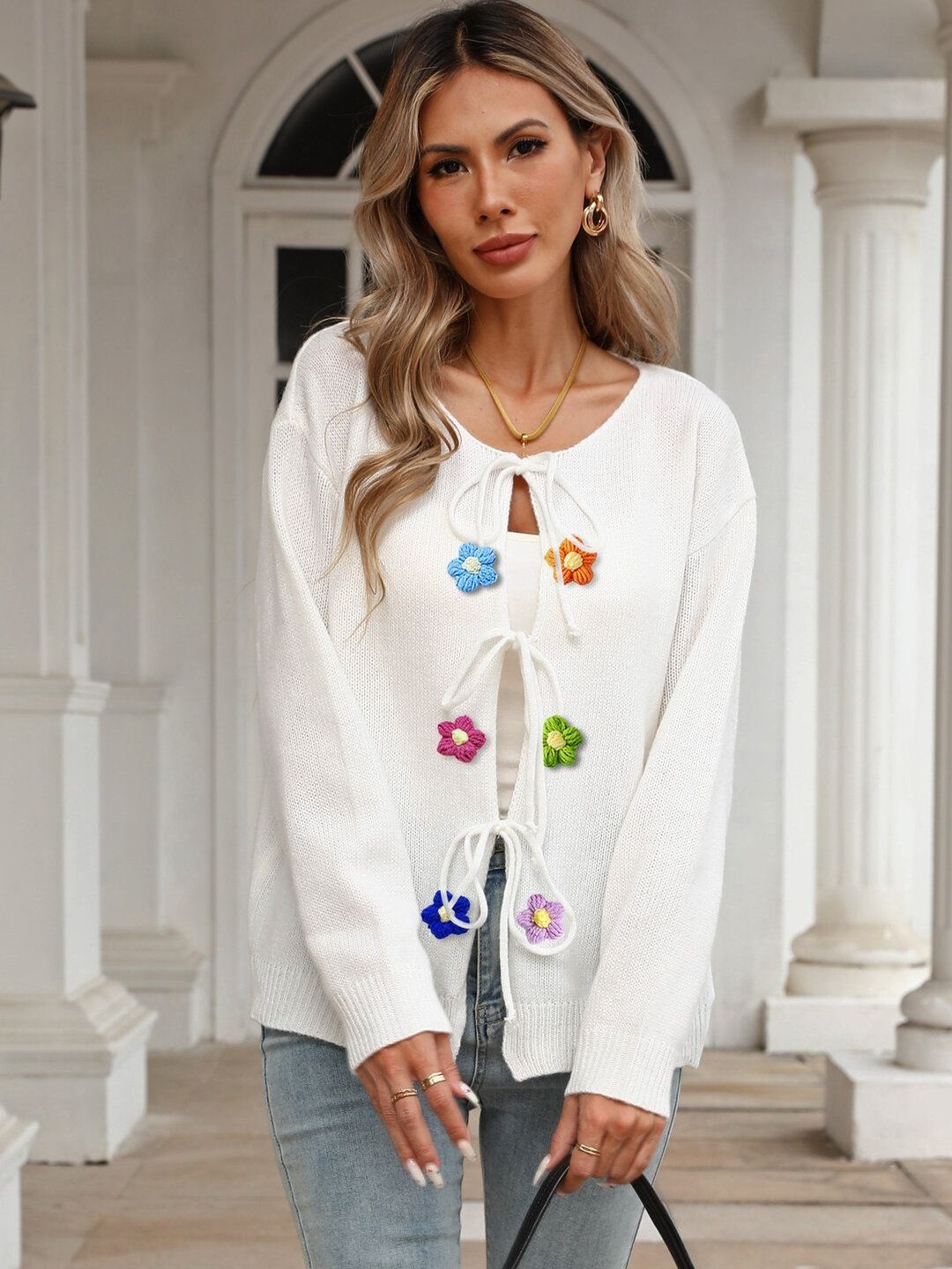 Cardigan with Applique Detail in White cotton - Nowi Korean Fashion