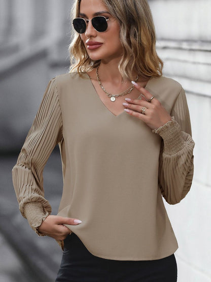 Accordion Pleated Sleeves Top in Beige - Nowi Korean Fashion