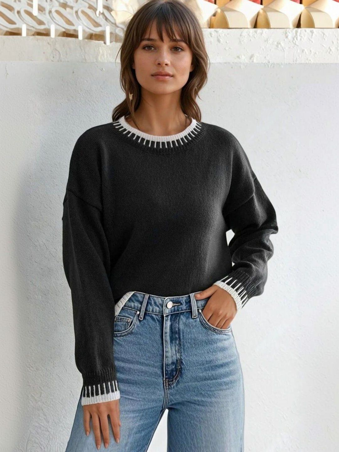 Pullover in Black acrylic Style 563 - Nowi Korean Fashion