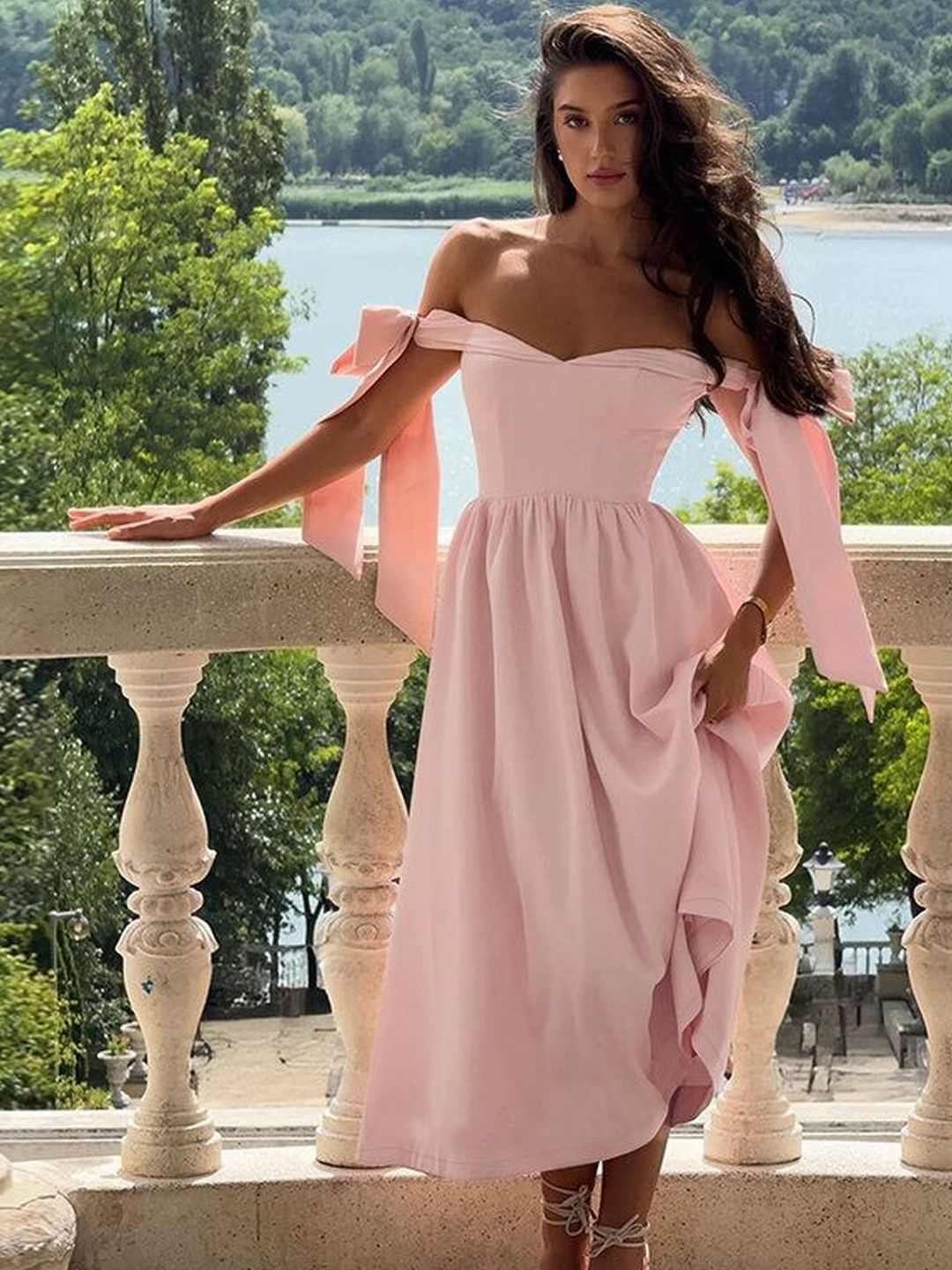 Fit & Flare Midi Dress in Pink cotton Sleeveless - Nowi Korean Fashion