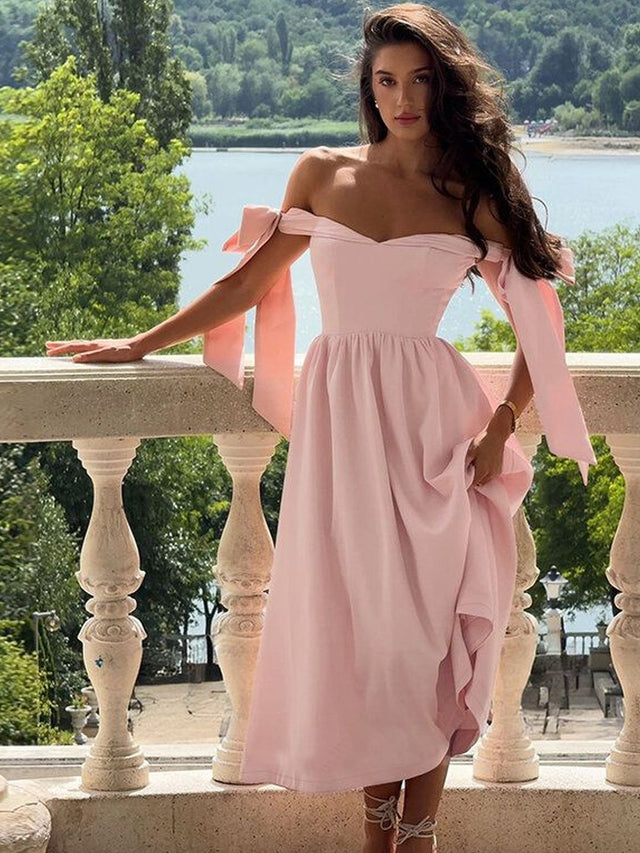 Fit & Flare Midi Dress in Pink cotton Sleeveless - Nowi Korean Fashion