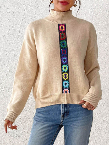 Colourblocked Pullover with Embroidered Detail in Beige acrylic - Nowi Korean Fashion
