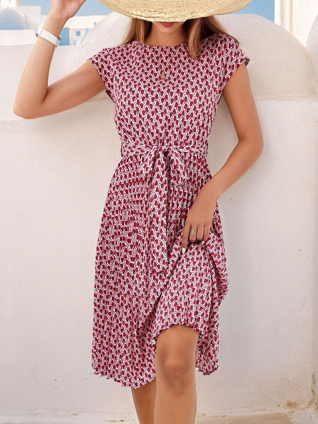 Print Fit & Flare Dress in Red cotton Printed - Nowi Korean Fashion