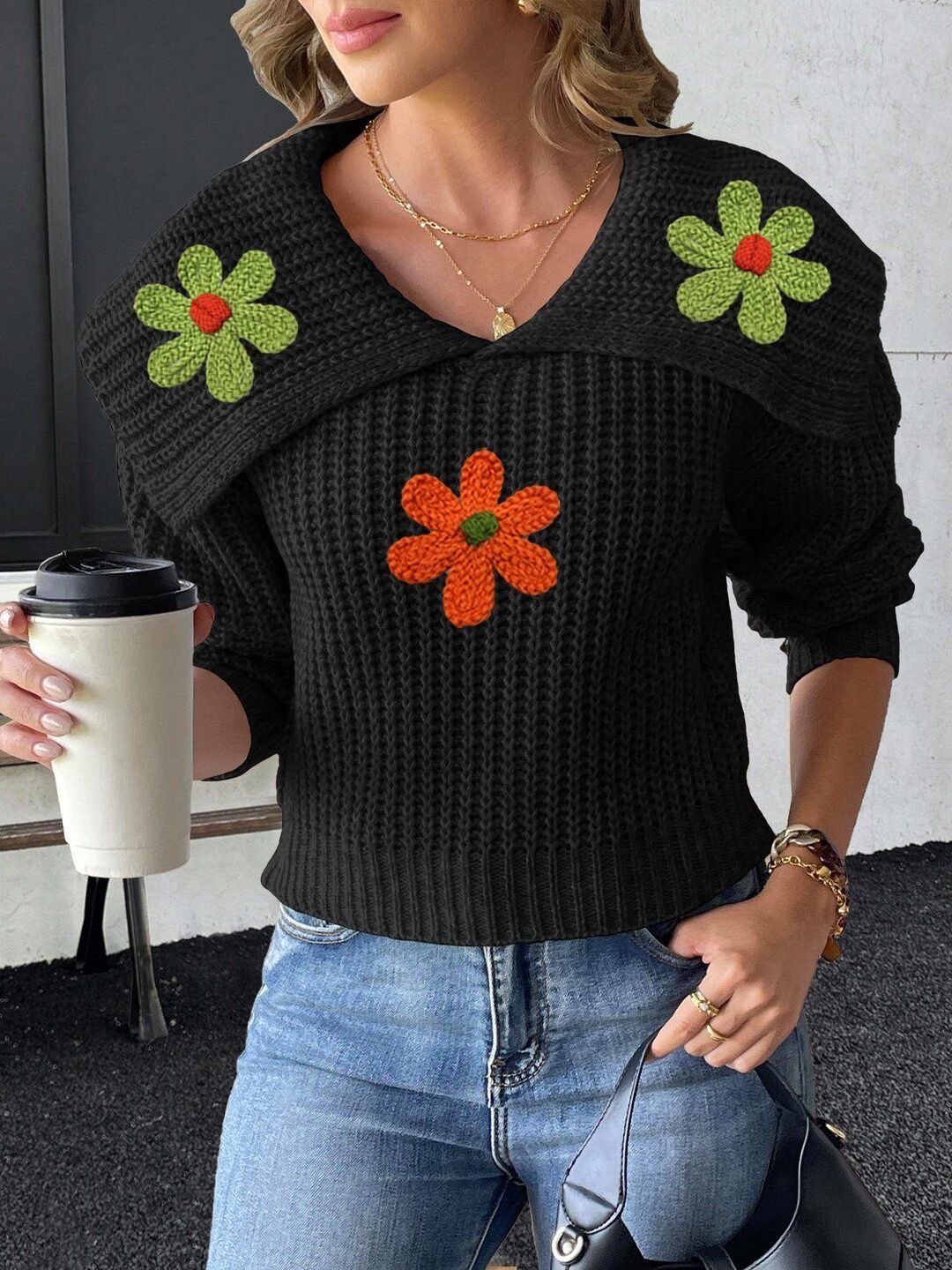 Women Cable Knit Pullover with Applique Detail