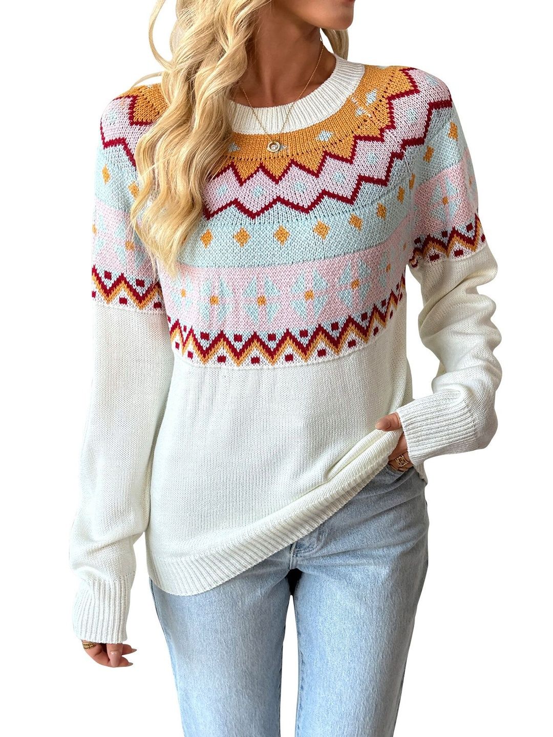 Fair Isle Printed Pullover in White - Nowi Korean Fashion