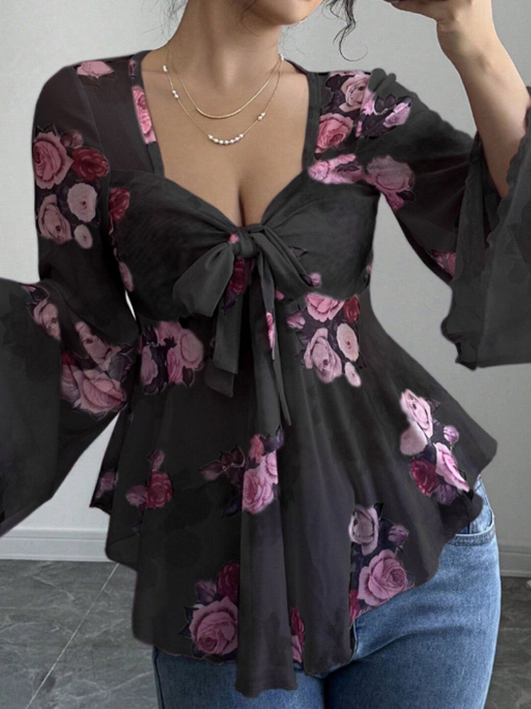 Floral Print Sweetheart Neck Flared Sleeve Top