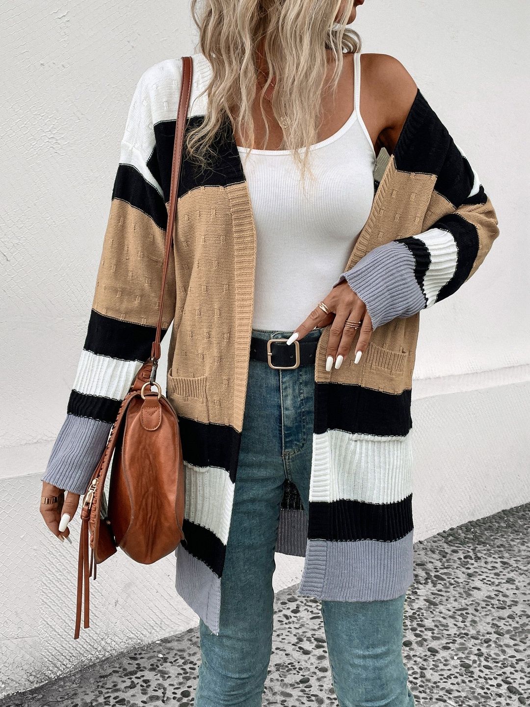 Women's Brown Colourblocked Cardigan Blend Printed