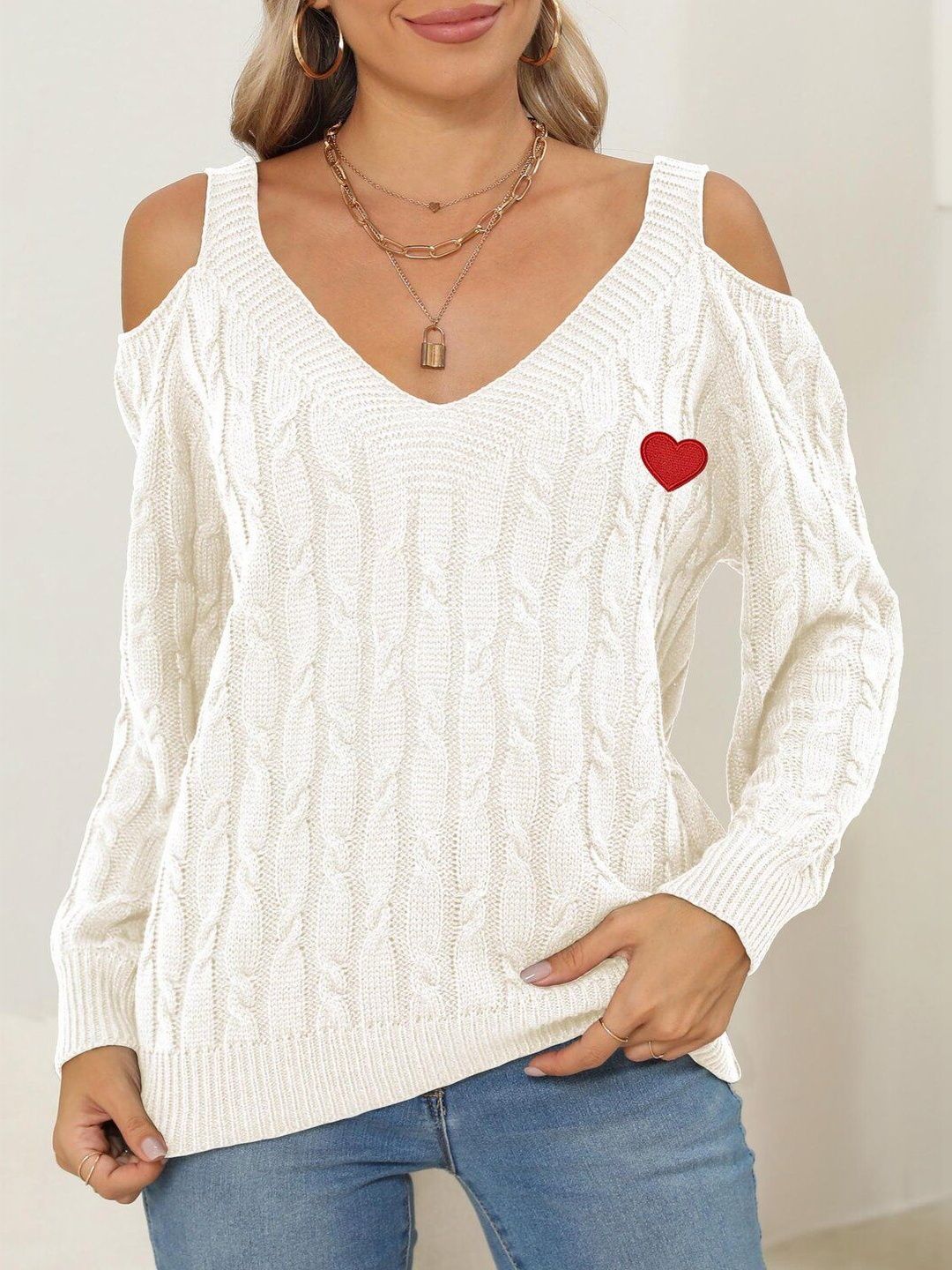 Women Cable Knit Pullover with Embroidered Detail