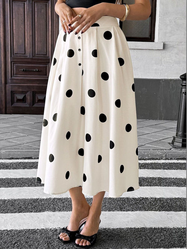 Polka Dot Maxi Skirt in White cotton Printed - Nowi Korean Fashion