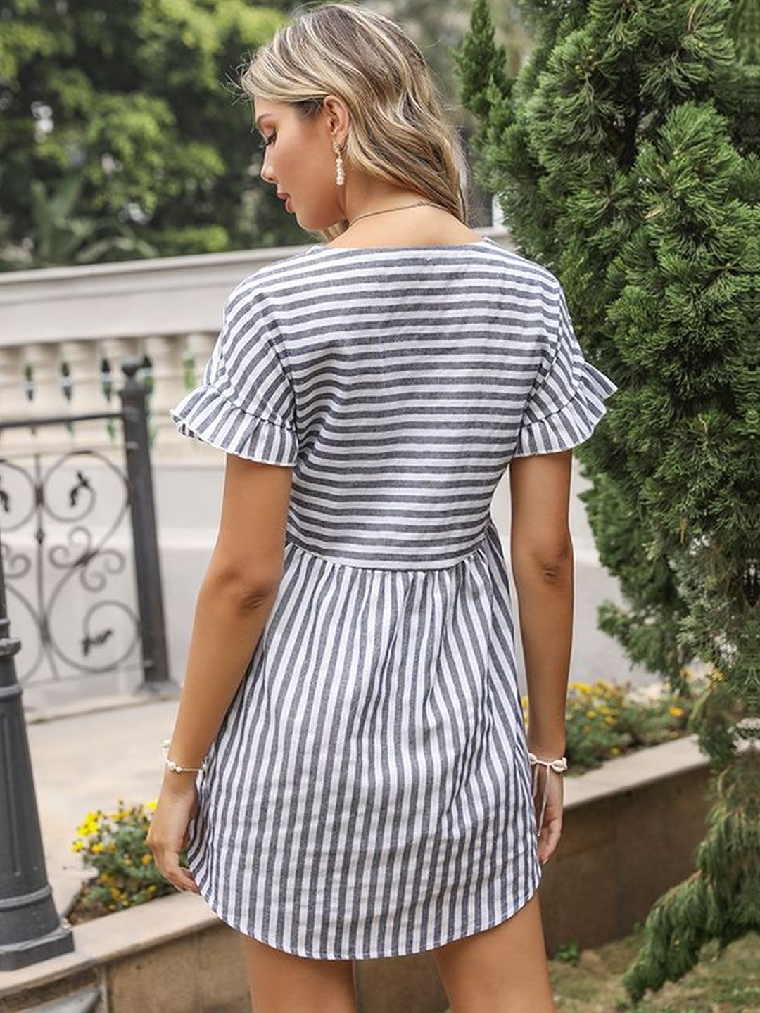 Striped Flutter Sleeve A-Line Mini Dress