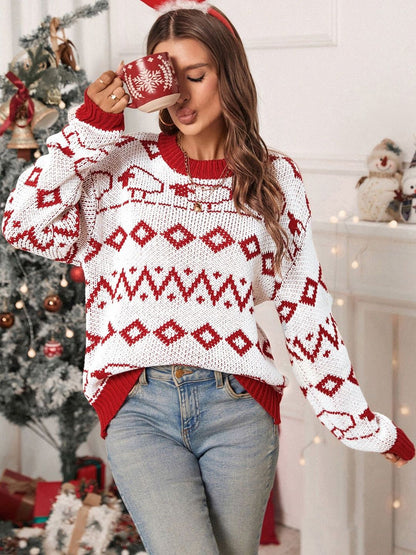 Women's White Fair Isle Printed Pullover Blend Regular Fit