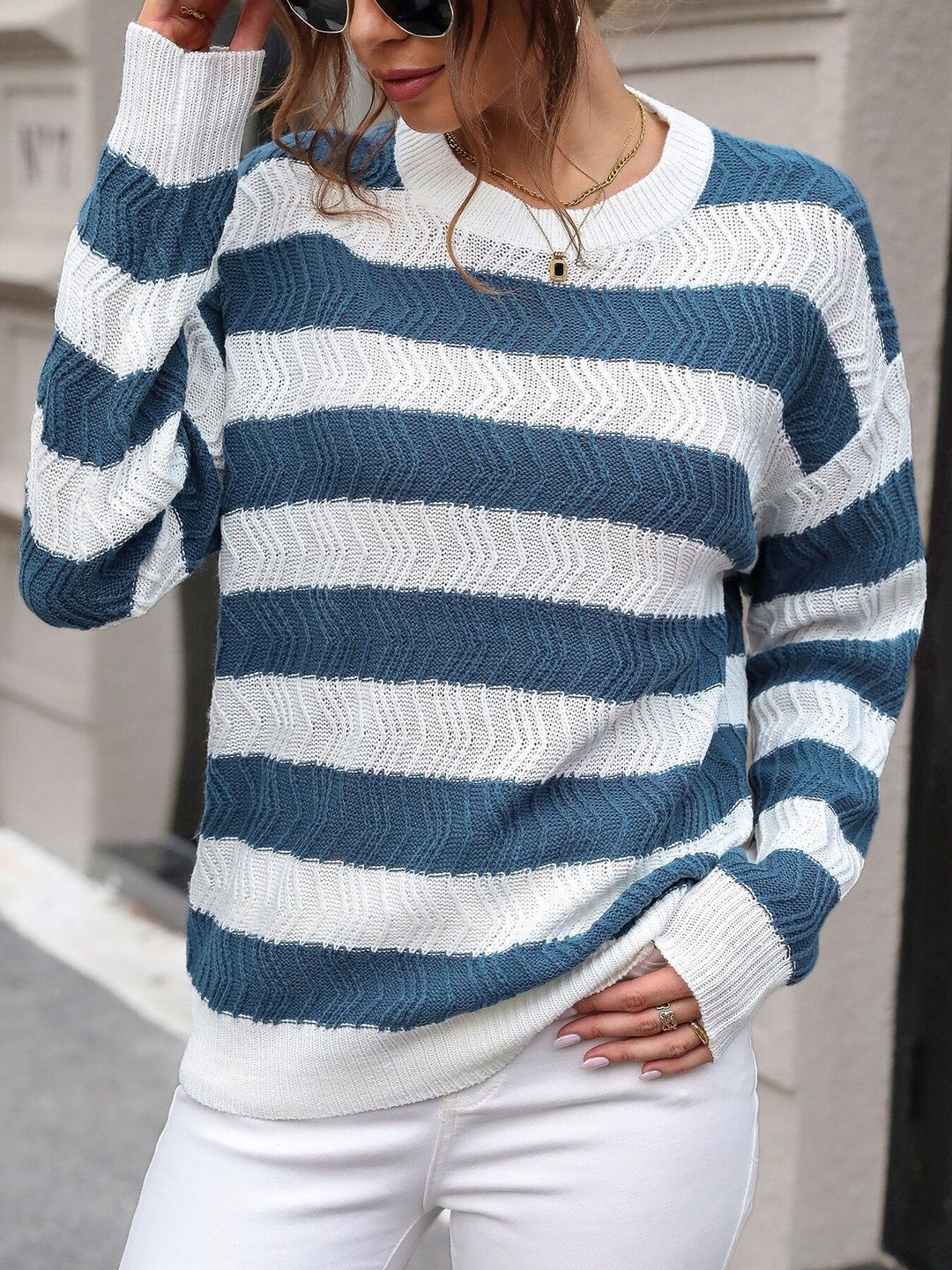 Women's White Striped Pullover Blend Regular Fit