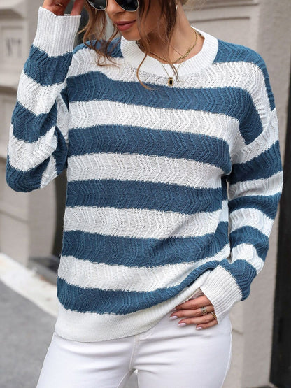 Women's White Striped Pullover Blend Regular Fit
