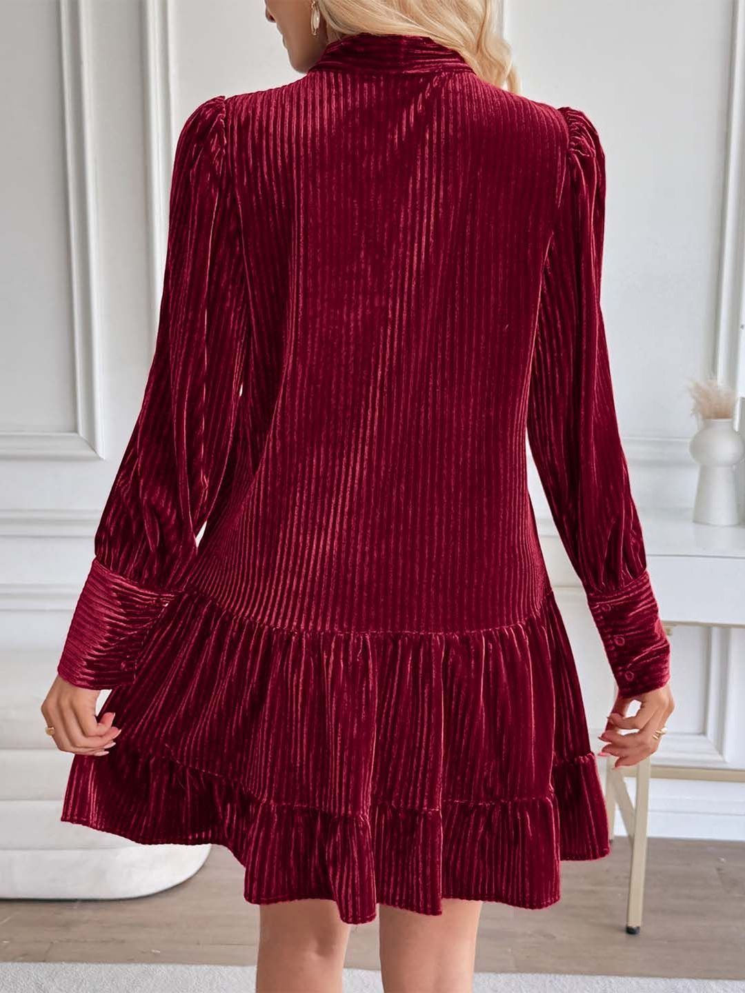 Tie-Up Neck Puff Sleeve Ruffled A-Line Dress