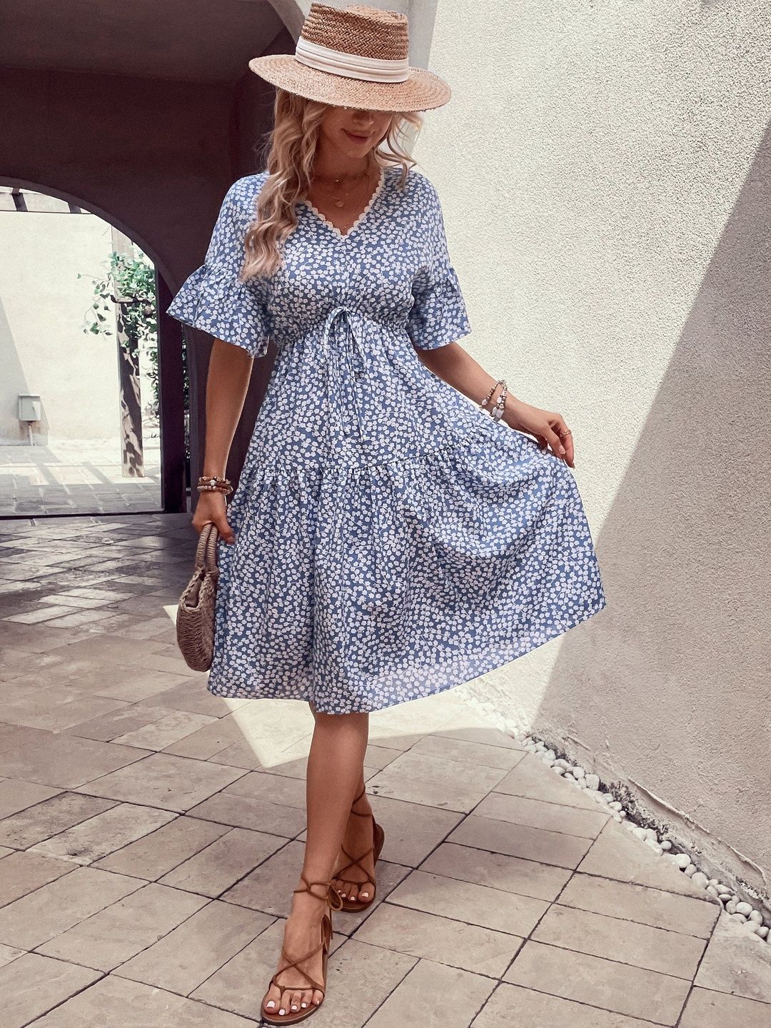 Floral Print Flutter Sleeve Fit & Flare Midi Dress