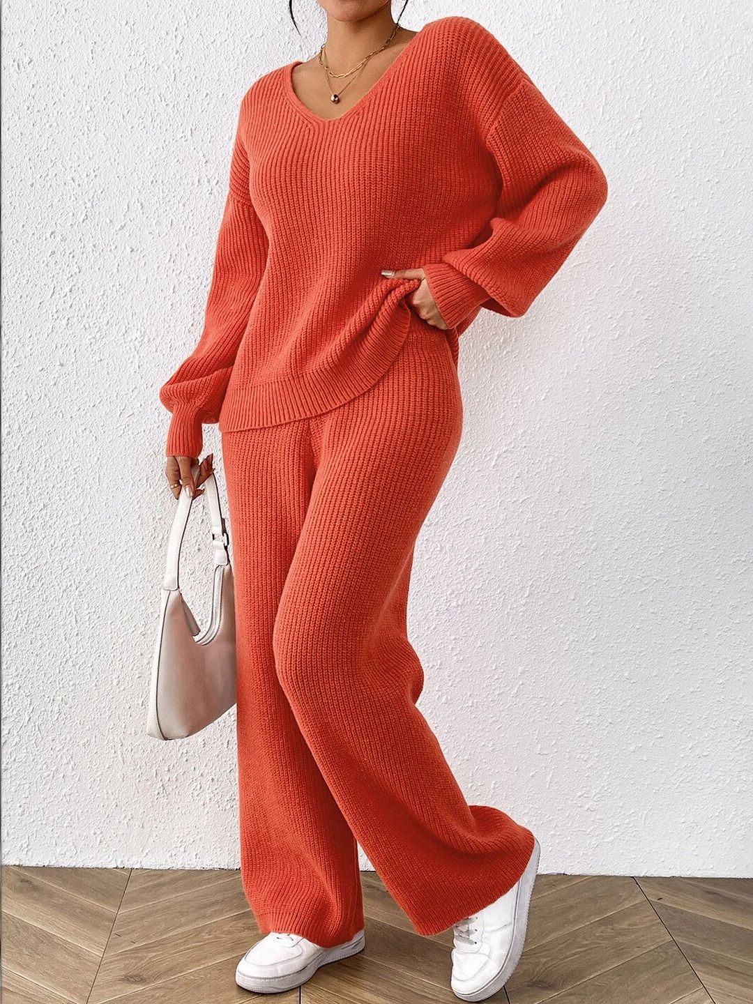 Orange Knitted V-Neck Sweater with Trousers