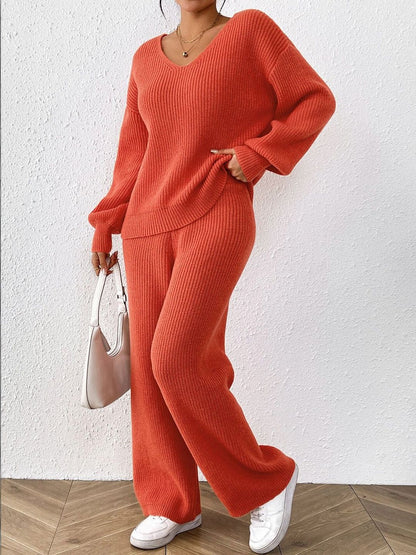 Orange Knitted V-Neck Sweater with Trousers