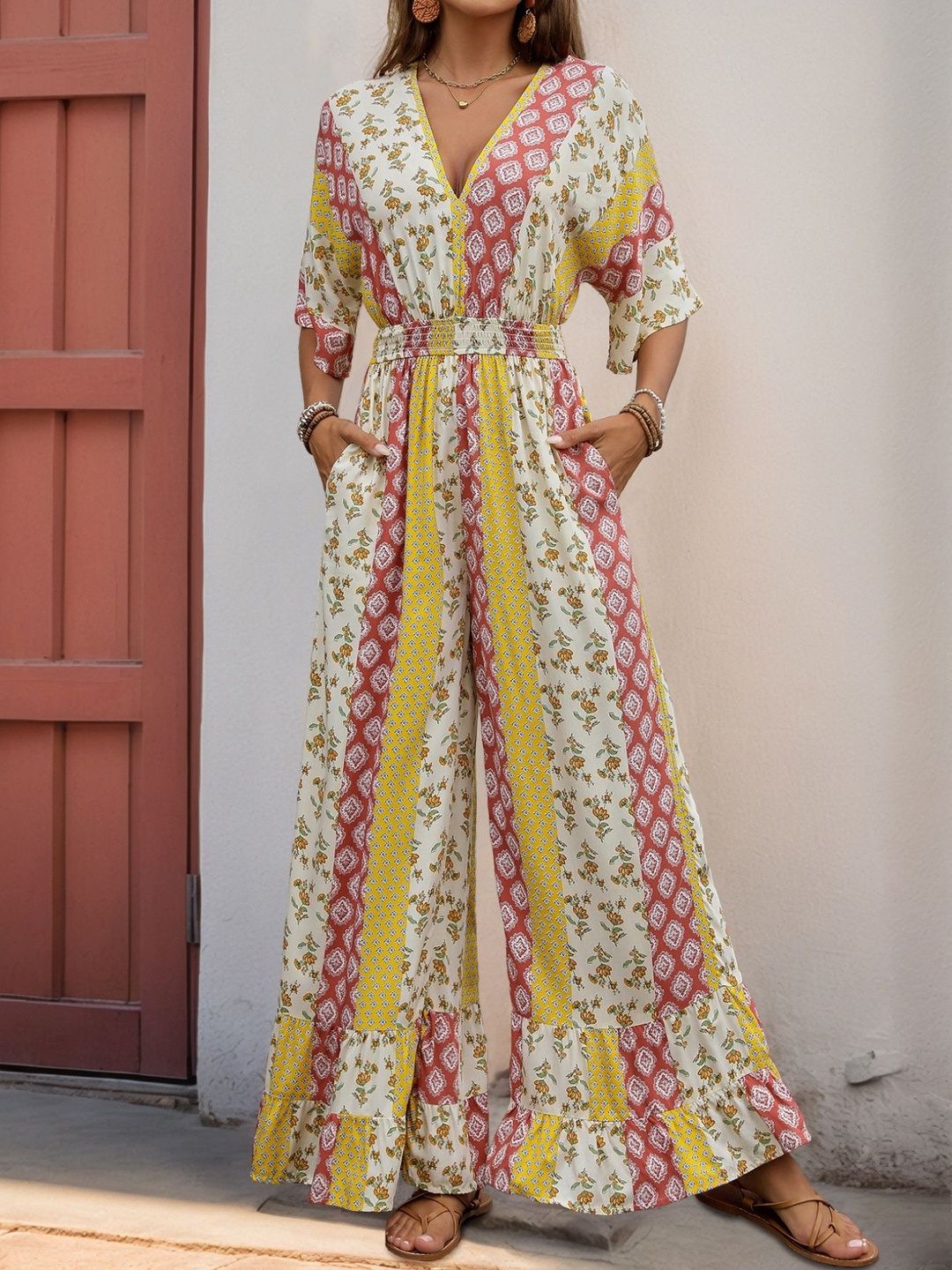 Printed Basic Jumpsuit with Ruffles in White cotton - Nowi Korean Fashion