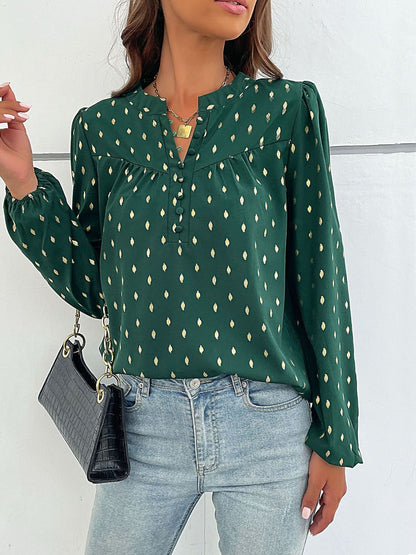 Women's Green Geometric Print Puff Sleeve Top
