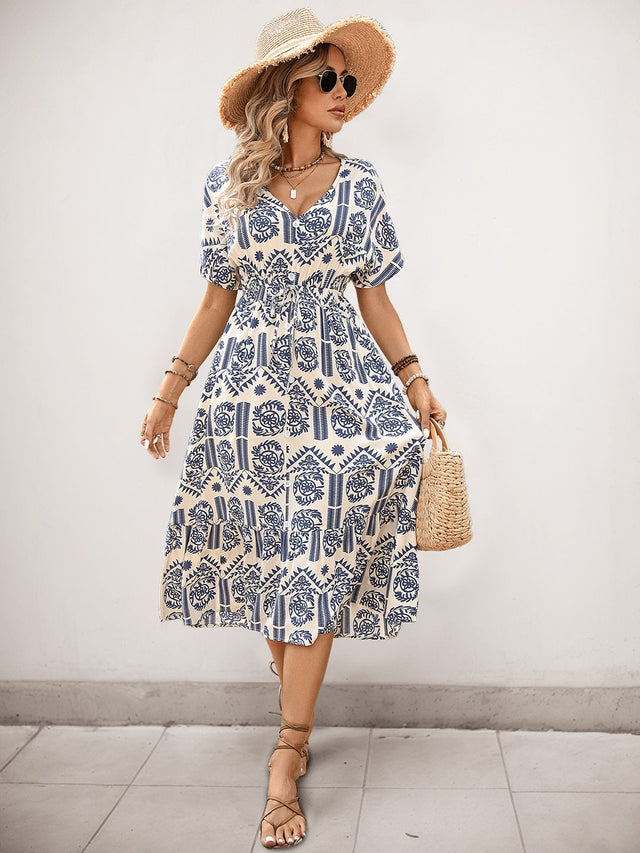 Bohemian Ethnic Print Midi Dress with Short Sleeves in White cotton Printed - Nowi Korean Fashion