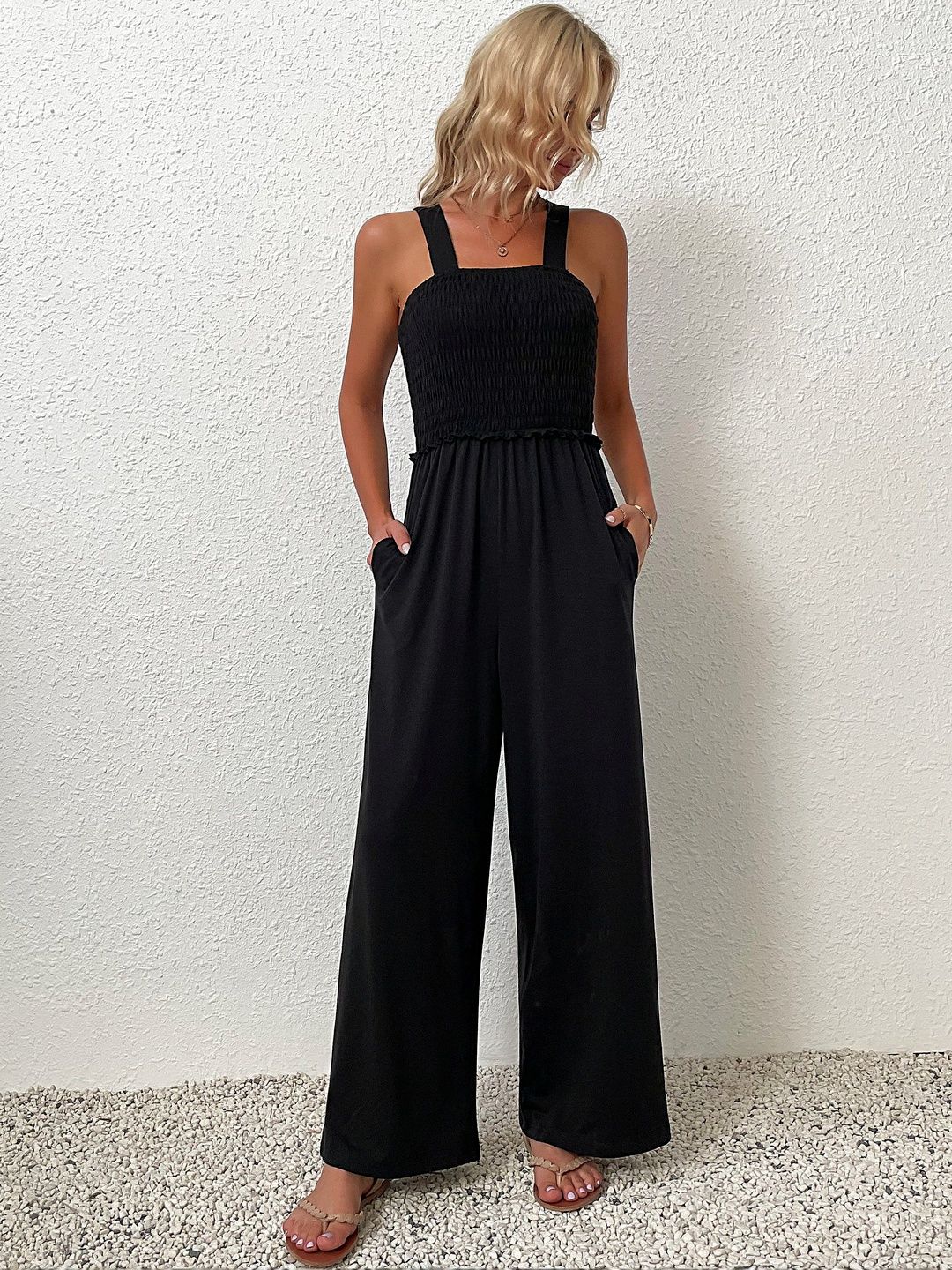 Basic Jumpsuit in Black polyester Style 96 - Nowi Korean Fashion