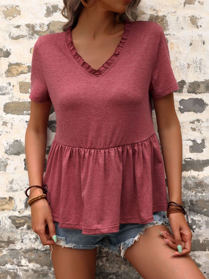 Ruffles Cotton Peplum Top in Red - Nowi Korean Fashion