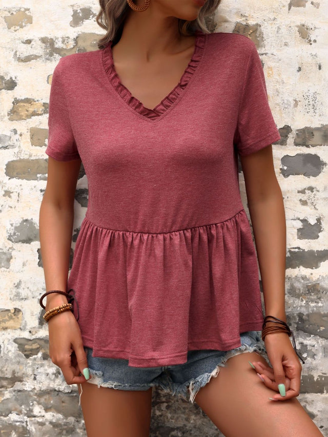 Ruffles Cotton Peplum Top in Red - Nowi Korean Fashion