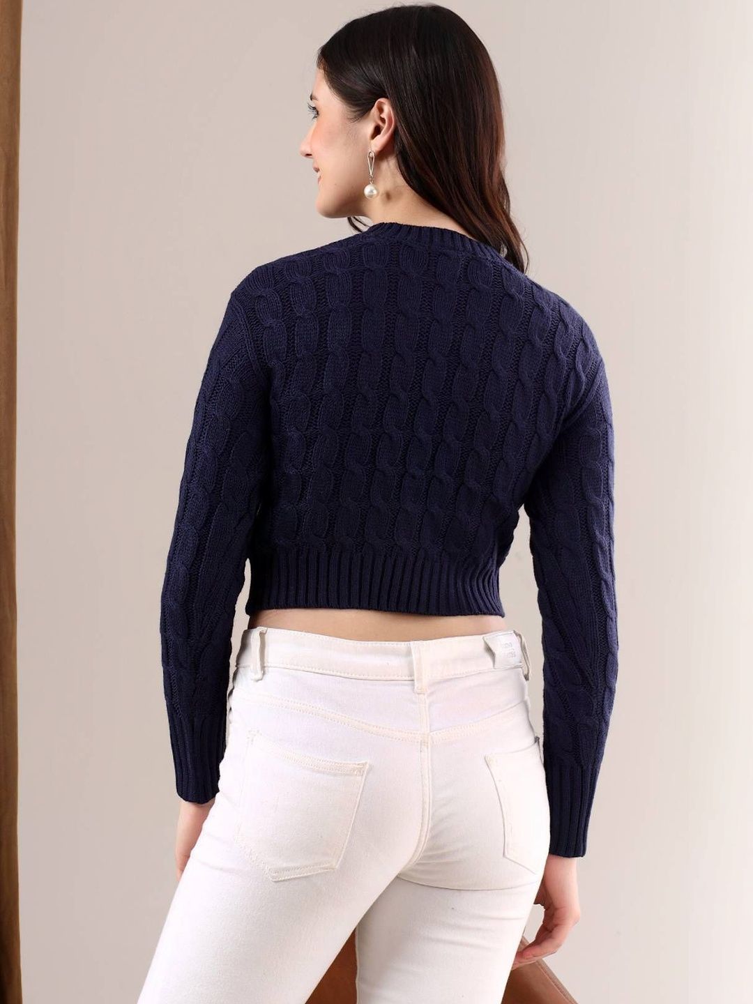 NOWI Women Cable Knit Ribbed Woollen Crop Pullover