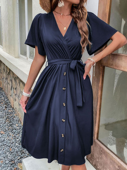 Flared Sleeve Fit & Flare Midi Dress