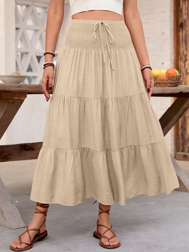 Tiered Flared Cotton Skirts in Beige - Nowi Korean Fashion