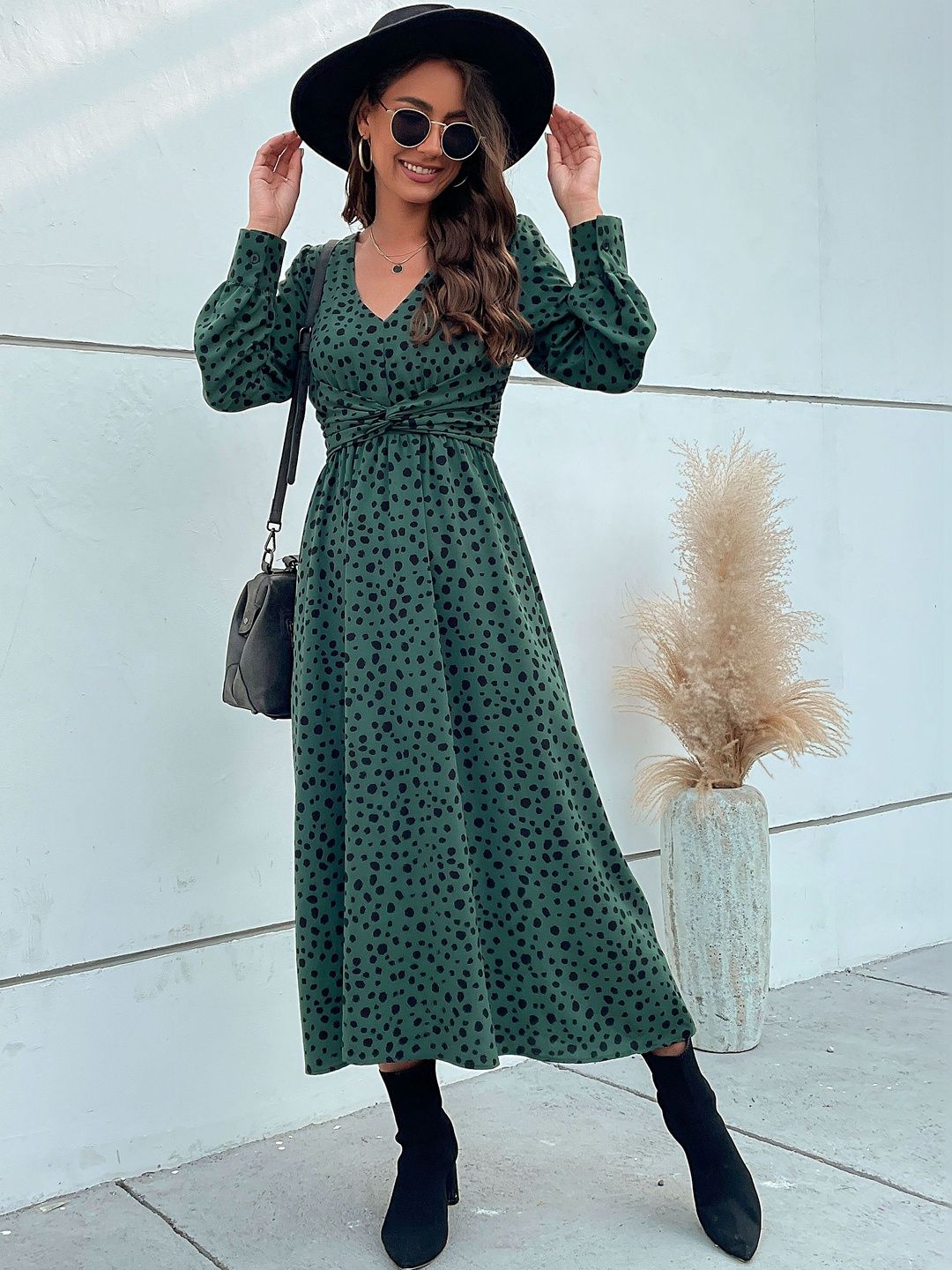 Women's Green Print Midi Dress