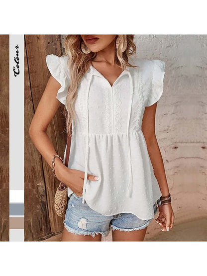 Flutter Sleeve Top in White polyester Style 790 - Nowi Korean Fashion