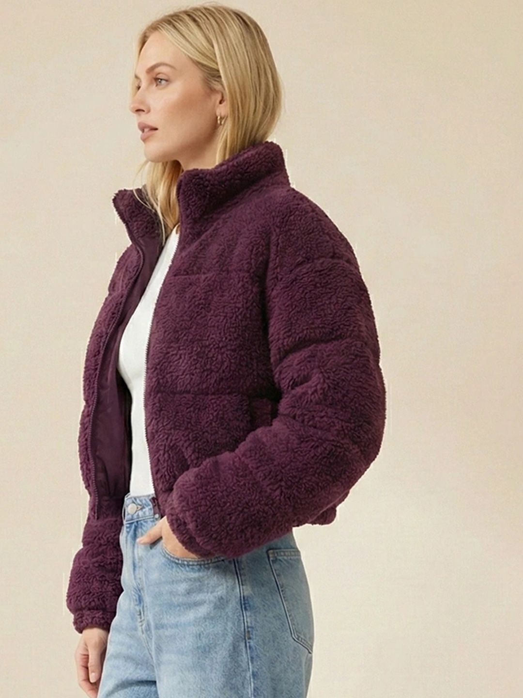 NOWI Women Woollen Crop Puffer Jacket