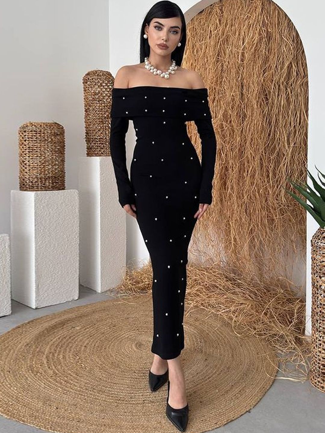 Embellished Off-Shoulder Maxi Bodycon Dress in Black - Nowi Korean Fashion