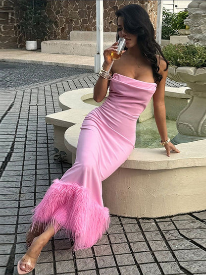 Women's Pink Fringed Bodycon Maxi Dress