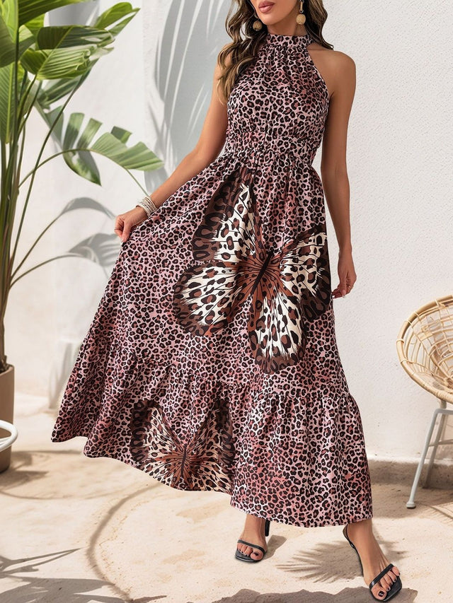 Animal Print Halter Neck A-Line Maxi Dress in Pink cotton Printed - Nowi Korean Fashion