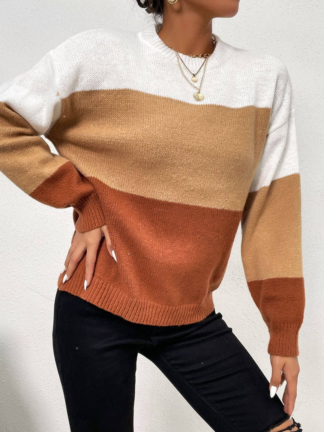 Women's Brown Colourblocked Pullover Blend Printed